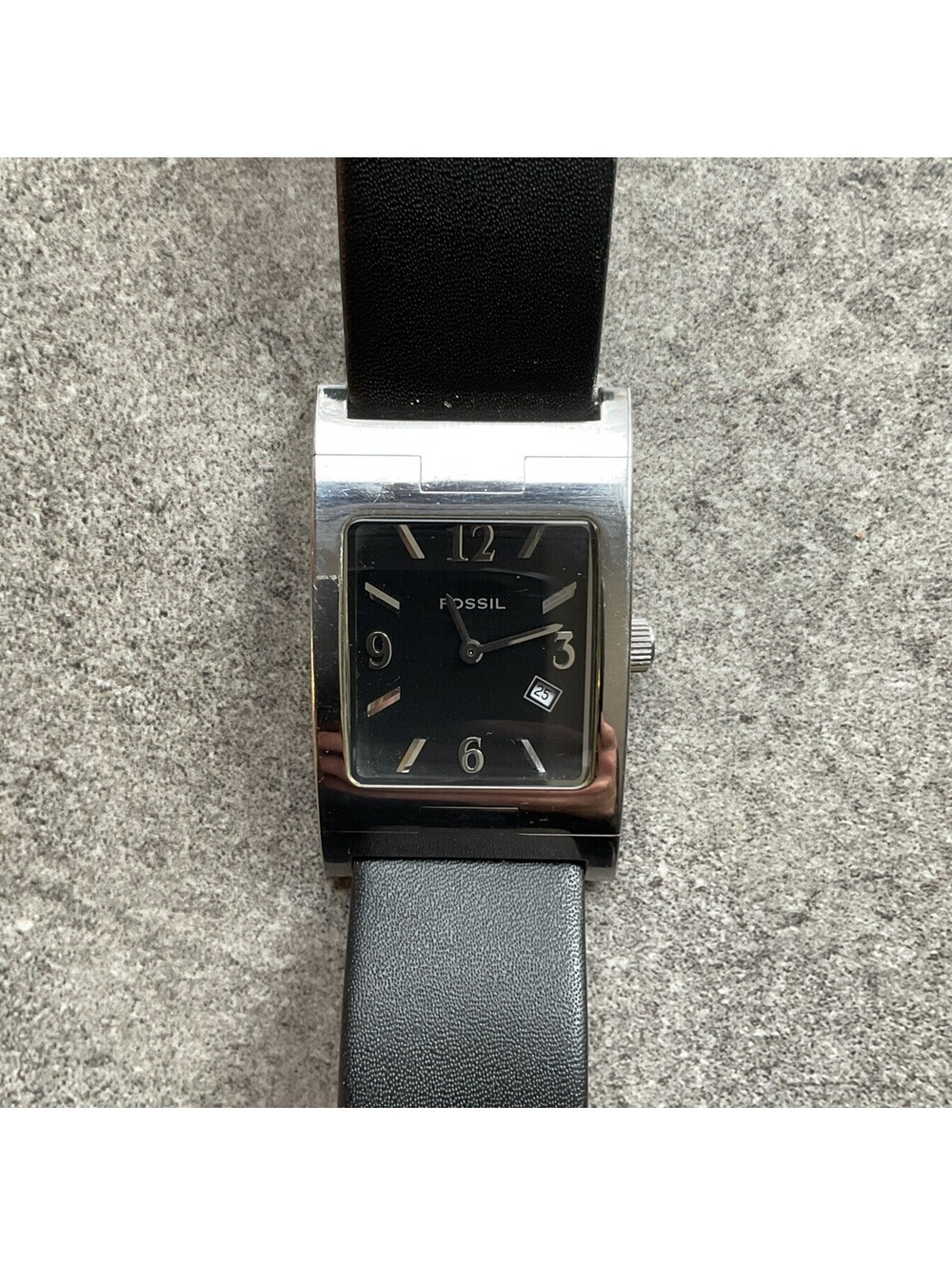 Fossil Mens Tank Style Watch 28mm Silver Tone Case Black Leather Band & Dial A15